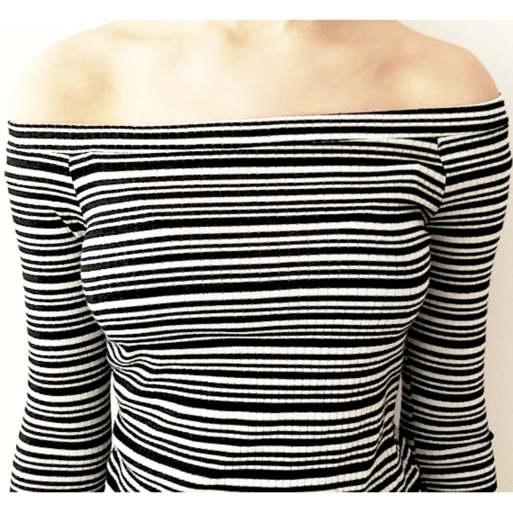 Zara Off-The-Shoulder Striped Ribbed Stretch Top S - Picture 2 of 7